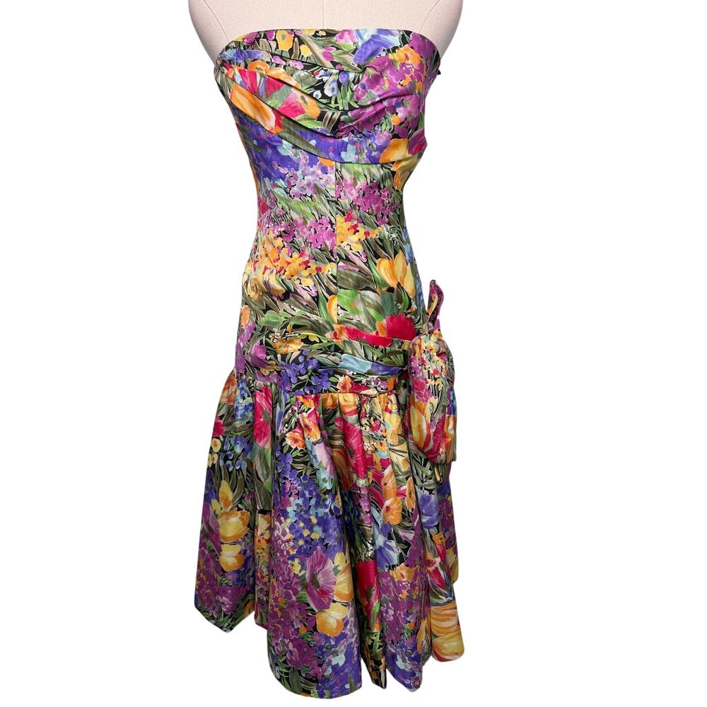 Victor Costa vintage 80s floral drop bow waist strapless party dress size 2 XS - Picture 8 of 8